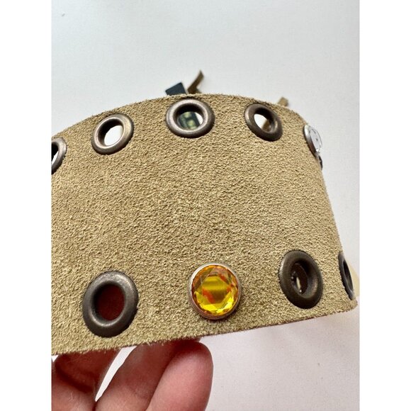 NWT MISS SIXTY 00s Y2K Ellie Green Suede Grommet Crystal Studded Fringe Belt - Picture 8 of 11